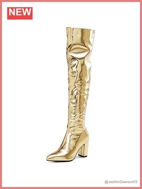 Over Knee High Boots Metallic Chunky Heel Pointed Toe Zip